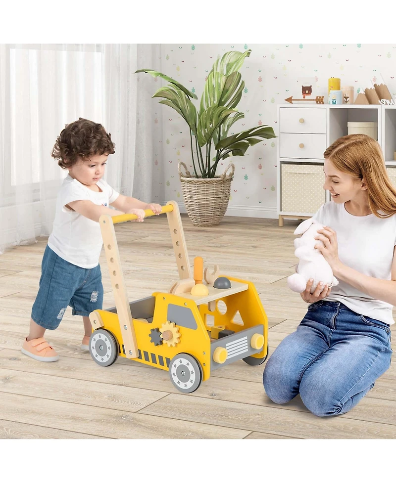 Costway 2-In-1 Montessori Wooden Baby Walker with Learning Activities Adjustable Speed
