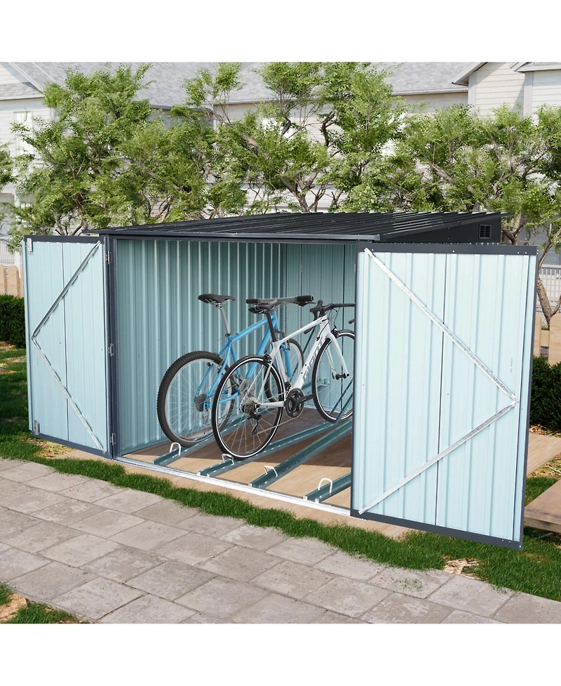 Mondawe Steel Outdoor Storage Shed For Bicycle with Slope Roof and 4 Bike Tracks