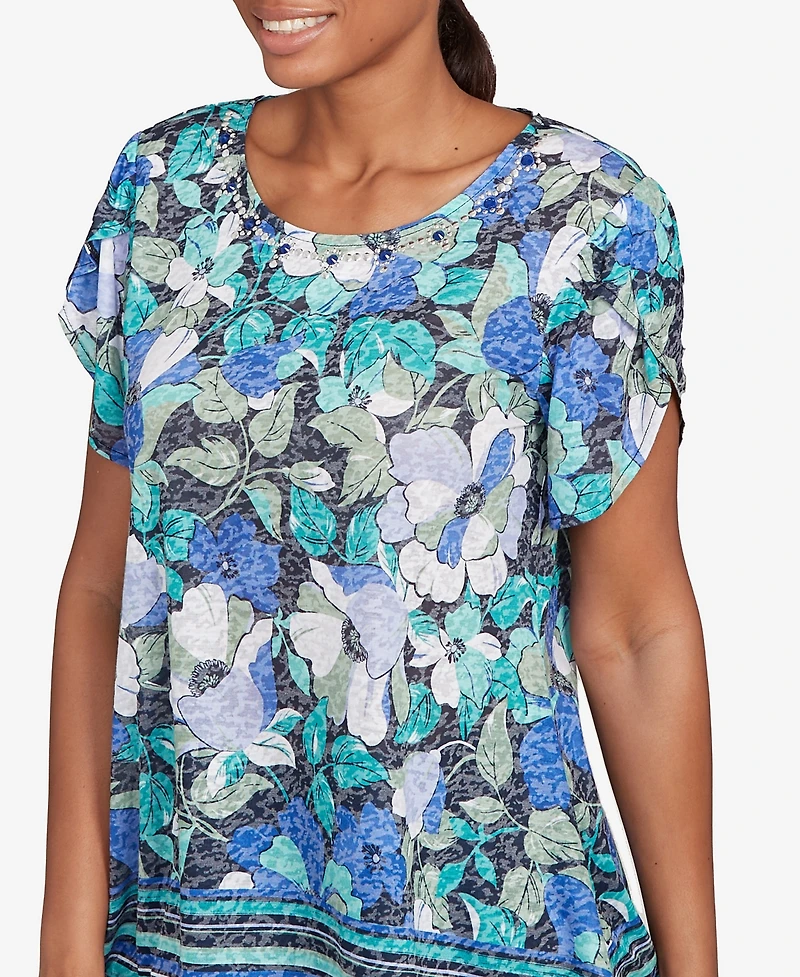 Ruby Rd. Petite Floral Striped Border Flutter Sleeve Top