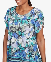 Ruby Rd. Petite Floral Striped Border Flutter Sleeve Top