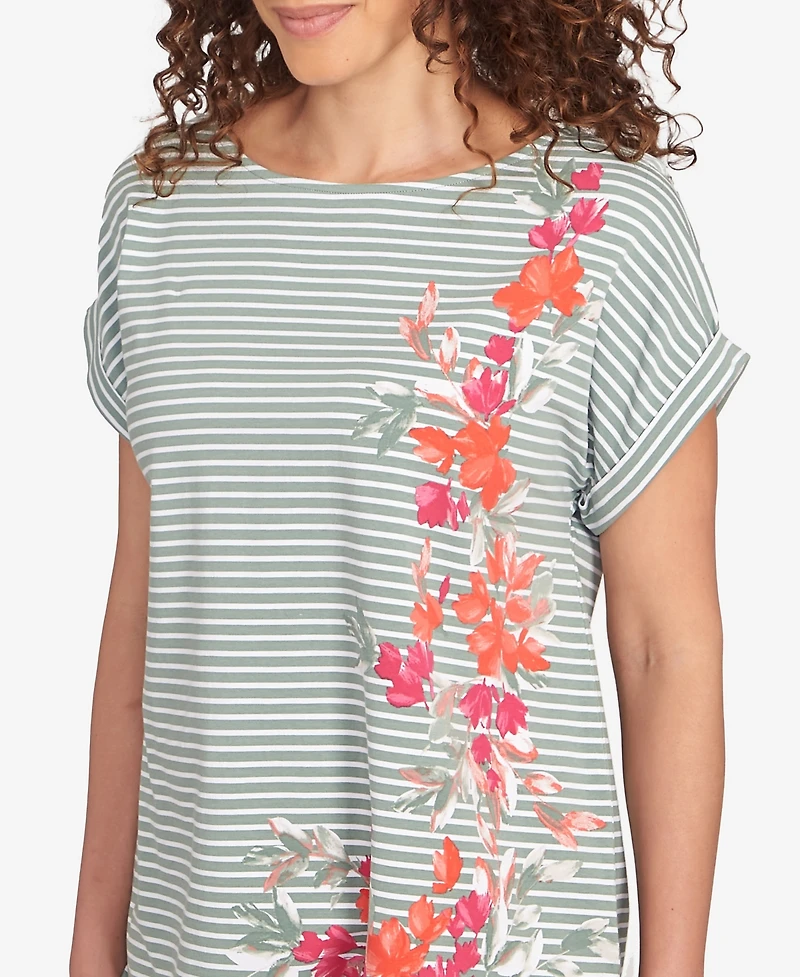 Ruby Rd. Petite Floral Stripe Jersey T-Shirt
