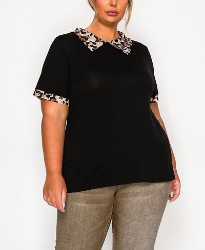 Coin 1804 Plus Leopard Print Mesh Collar Keyhole Back Short Sleeve Top