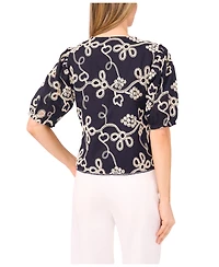 CeCe Women's Short Sleeve Open Tie Front Embroidered Top