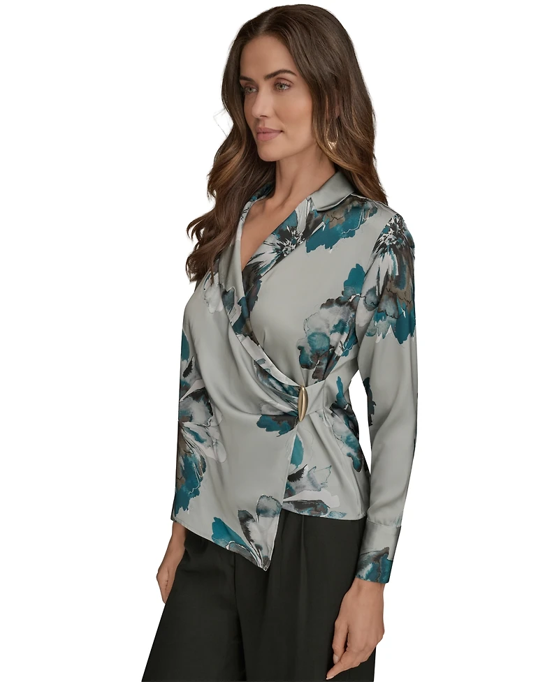 Donna Karan New York Petites Long-Sleeve Printed Shawl-Collar Blouse