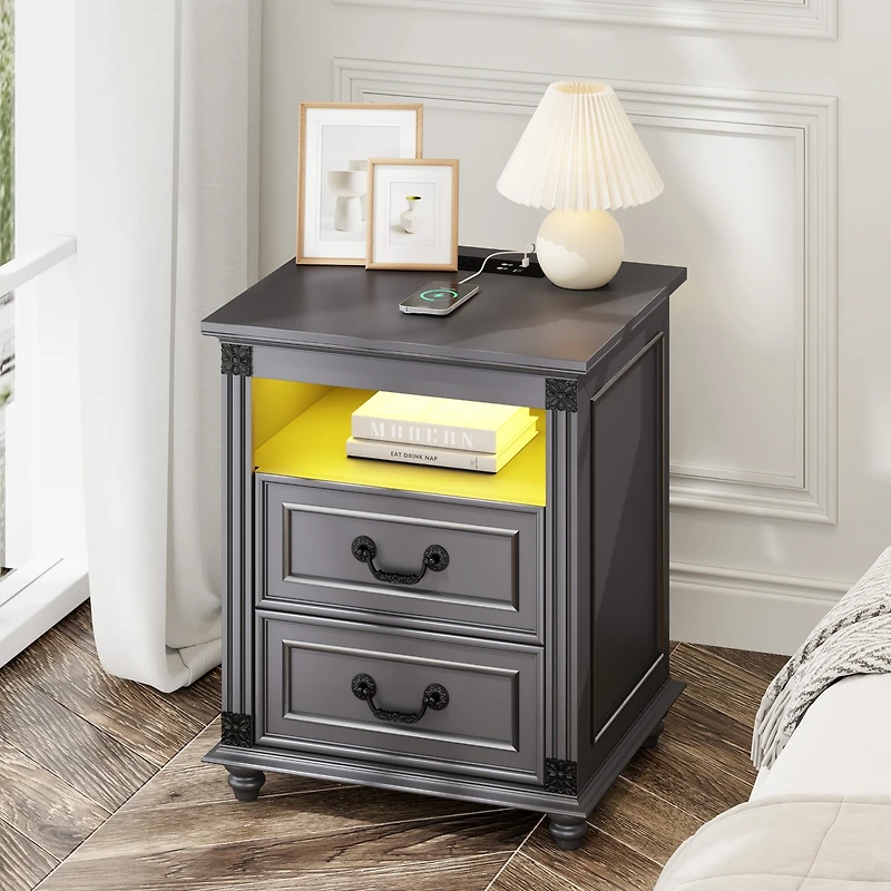 Vlsrka Nightstand with Charging Station, 3-Color Led & 2 Drawers