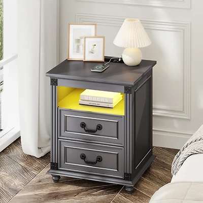 Vlsrka Nightstand with Charging Station, 3-Color Led & 2 Drawers