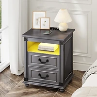Vlsrka Nightstand with Charging Station, 3-Color Led & 2 Drawers