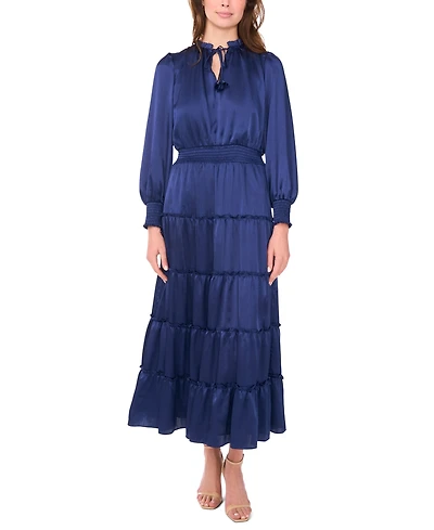 Msk Women's Long-Sleeve Tie-Neck Smocked-Waist Tiered Maxi Dress