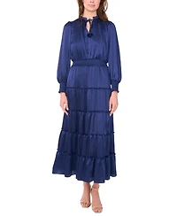 Msk Women's Long-Sleeve Tie-Neck Smocked-Waist Tiered Maxi Dress