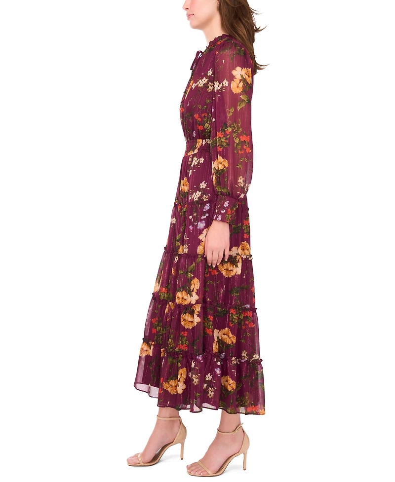 Msk Women's Long-Sleeve Tie-Neck Smocked-Waist Maxi Dress