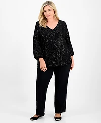 Jm Collection Plus Size Sequinned V-Neck 3/4-Sleeve Top, Macy's Exclusive