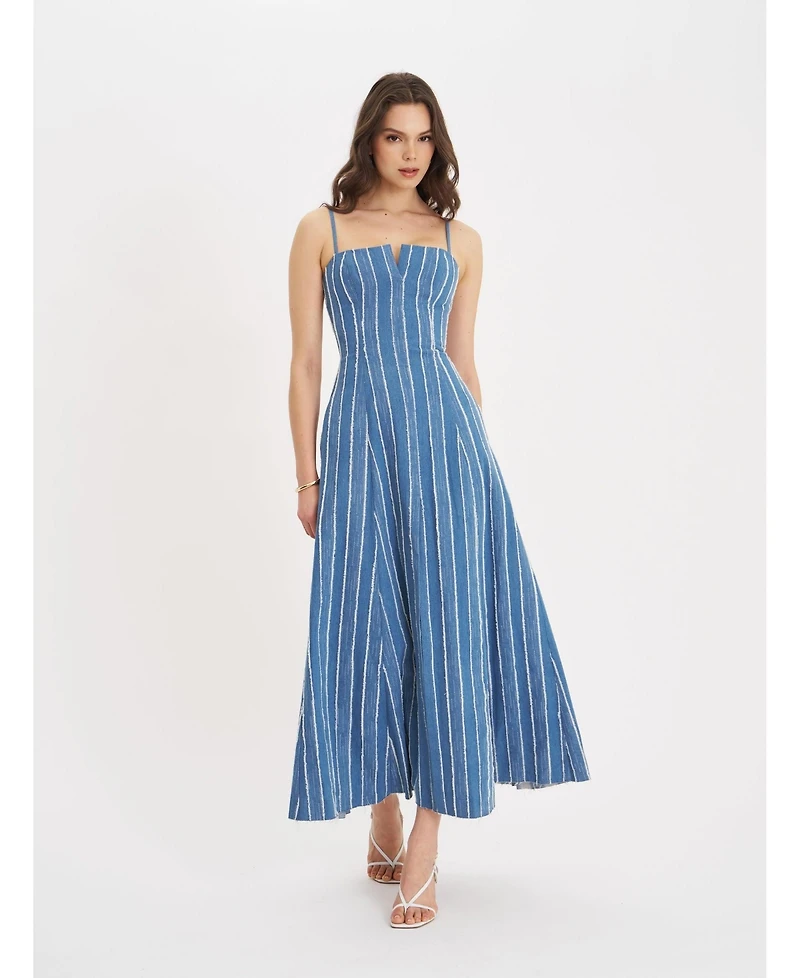 Miss Circle Women's Abygail Stripe Cotton Denim Maxi Dress