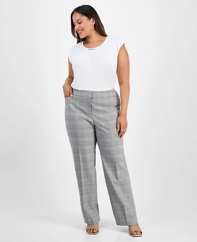 Kasper Plus Plaid Straight-Leg Pants