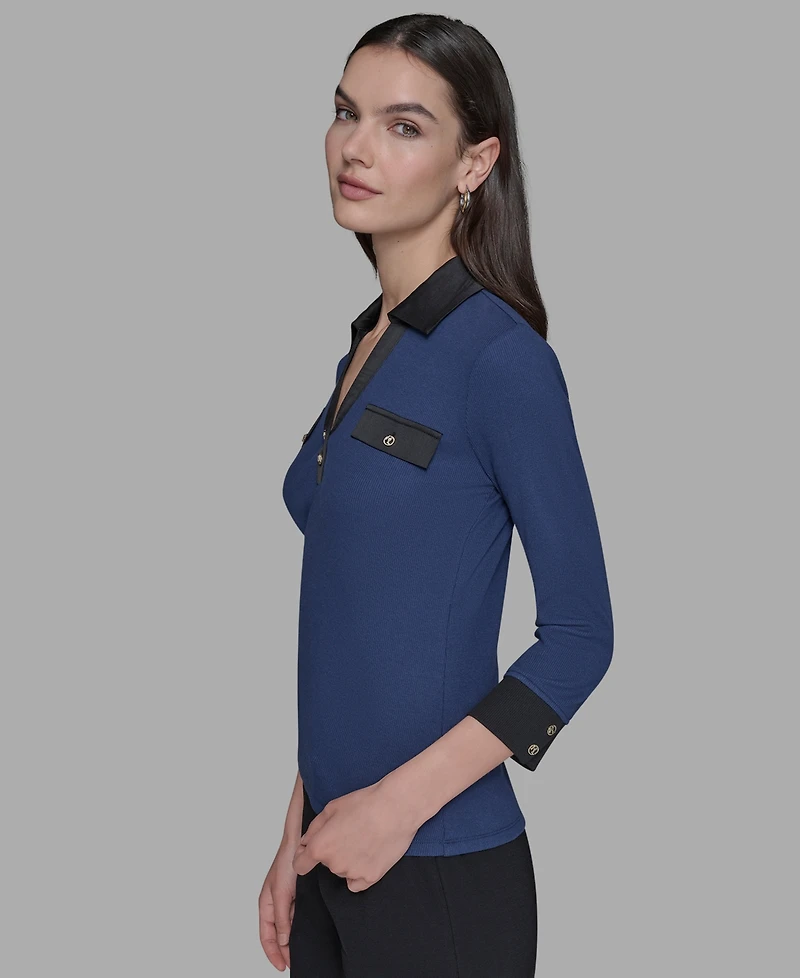 Karl Lagerfeld Paris Petite Collared V-Neck Rib-Knit Top