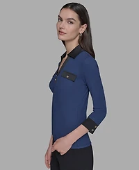 Karl Lagerfeld Paris Petite Collared V-Neck Rib-Knit Top
