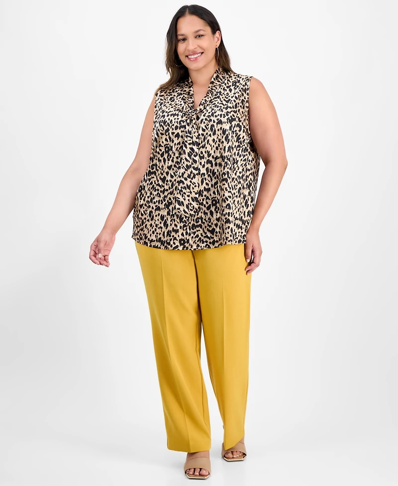 Kasper Plus Printed Sleeveless Tie-Neck Blouse