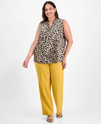 Kasper Plus Printed Sleeveless Tie-Neck Blouse
