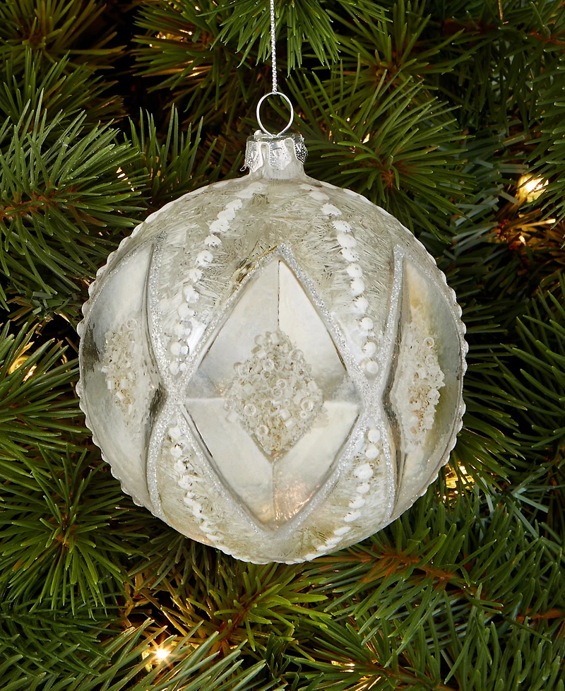 Holiday Lane Iced Delight Glass White Beaded Ball Ornament, Macy's Exclusive