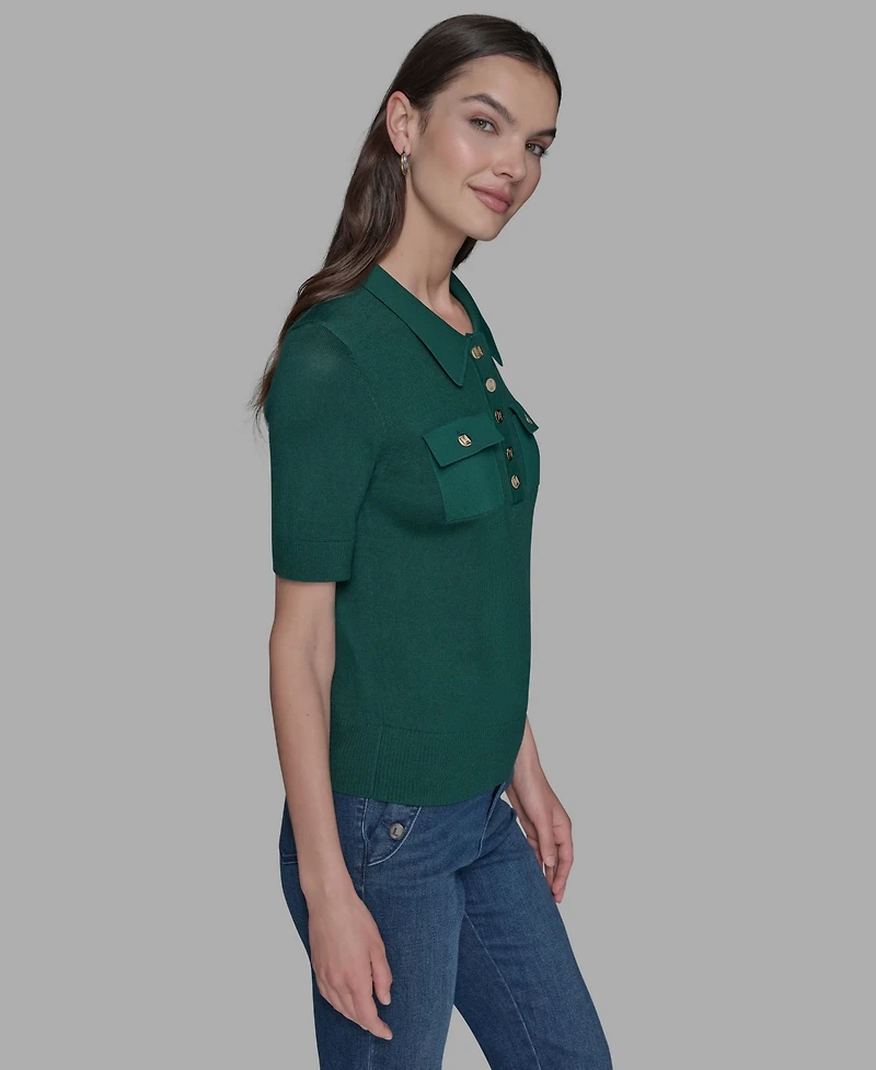 Karl Lagerfeld Paris Petite Point Collar Short-Sleeve Knit Top