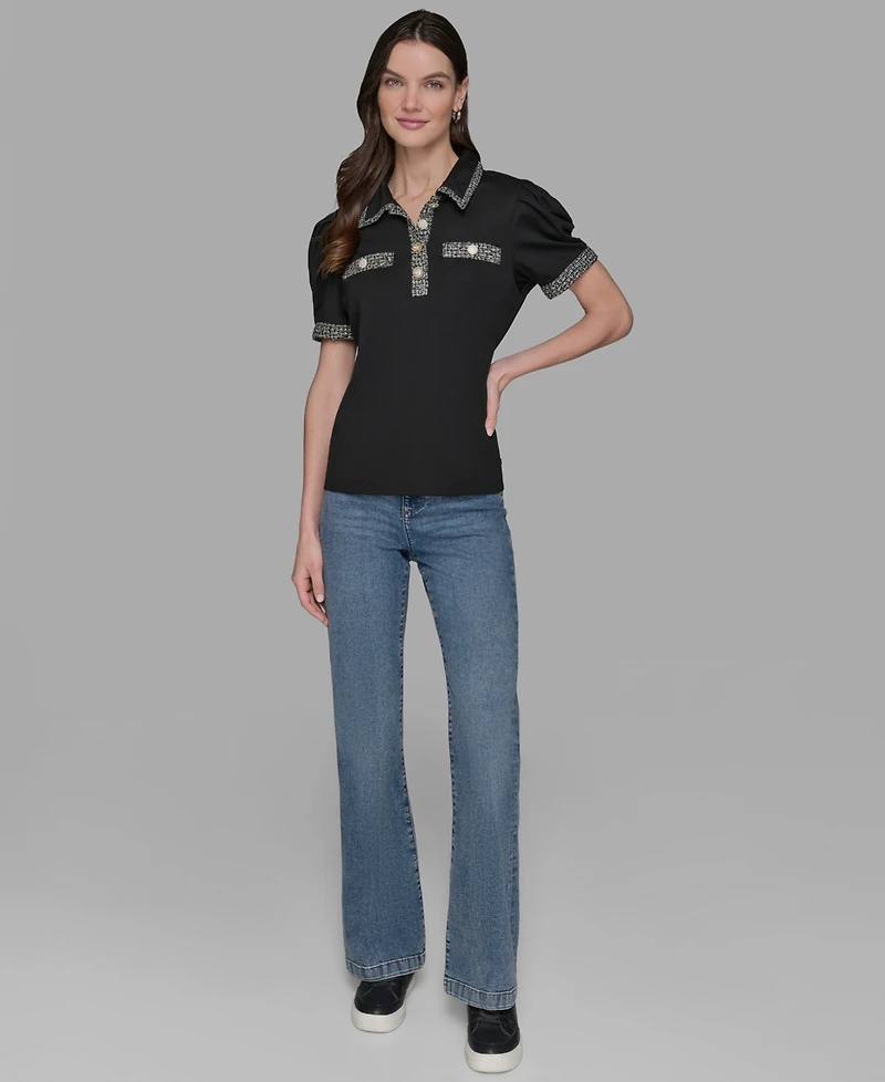 Karl Lagerfeld Paris Petite Tweed-Trim Knit Top