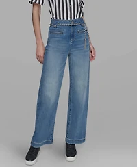 Karl Lagerfeld Paris Petite Chain Belt High Rise Wide Leg Jeans