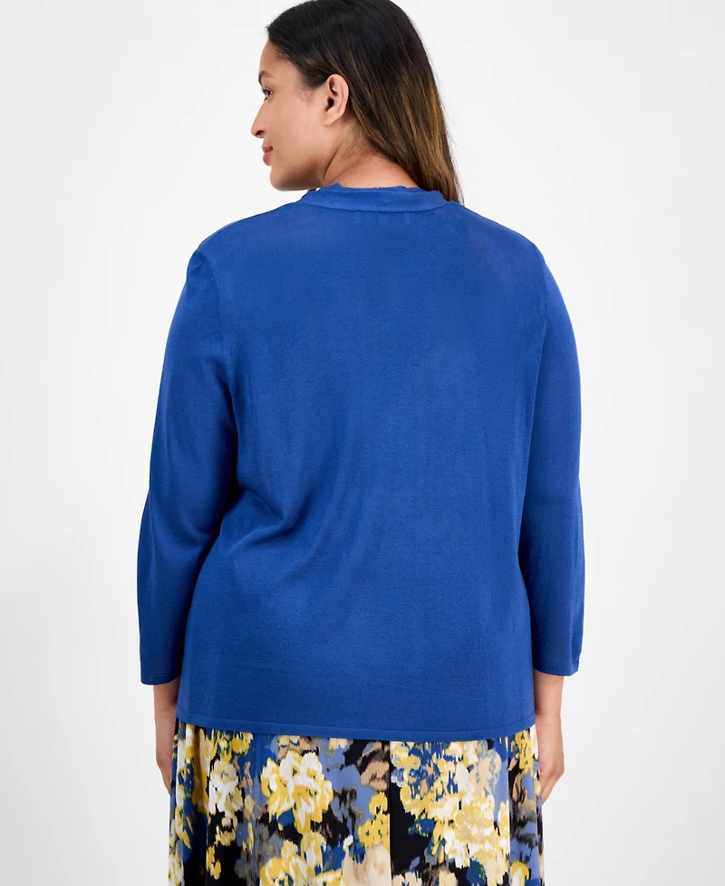 Kasper Plus 3/4-Sleeve Open-Front Cardigan