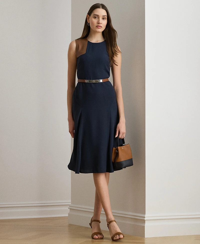Lauren Ralph Women's Faux-Leather-Trim Georgette Dress