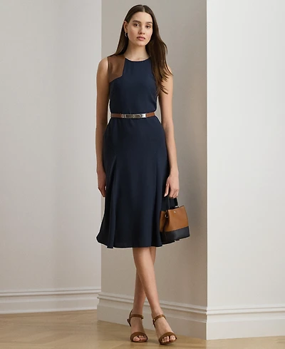 Lauren Ralph Women's Faux-Leather-Trim Georgette Dress