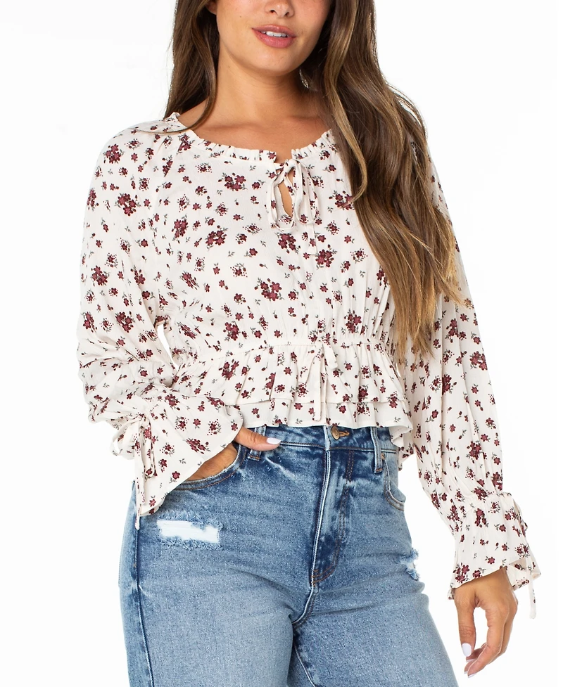 Celebrity Pink Juniors' Floral-Print Ruffle-Hem Peasant Top