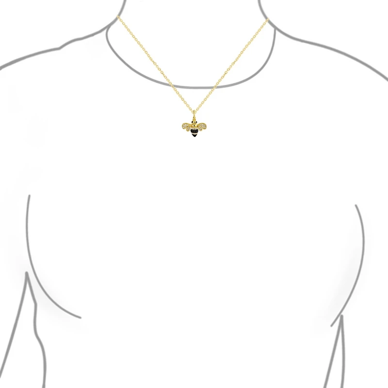 Bling Jewelry Elegant Queen Bee Pendant Necklace - Black and Golden Cubic Zirconia, 14K Yellow Gold Plated