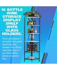 Kings Brand Furniture 5 Tier Corner Wine Rack with Glass Holder and Storage Shelves, Wine Bar Cabinet for Living Room, Dining Room, Kitchen