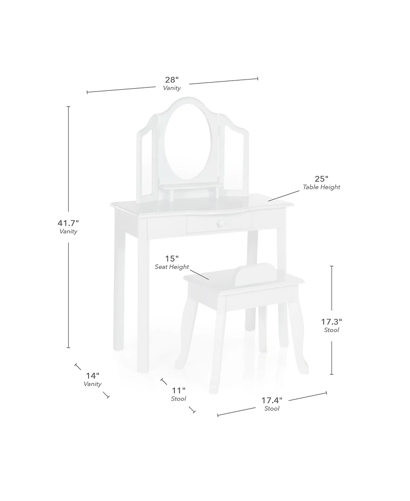 Guidecraft Kids' Vanity and Stool Set - White: Little Girls Pretend Play Princess Desk and Chair, Makeup Mirror with Storage Drawer