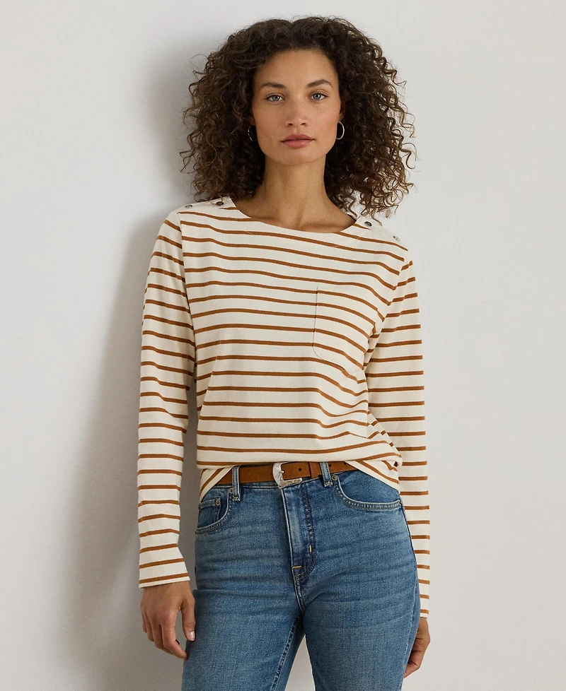 Lauren Ralph Women's Striped Jersey Snap-Trim Boatneck Top