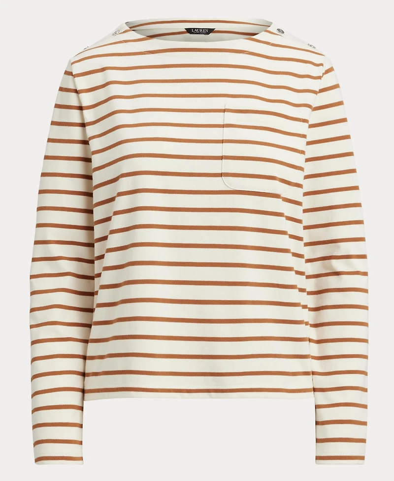 Lauren Ralph Women's Striped Jersey Snap-Trim Boatneck Top