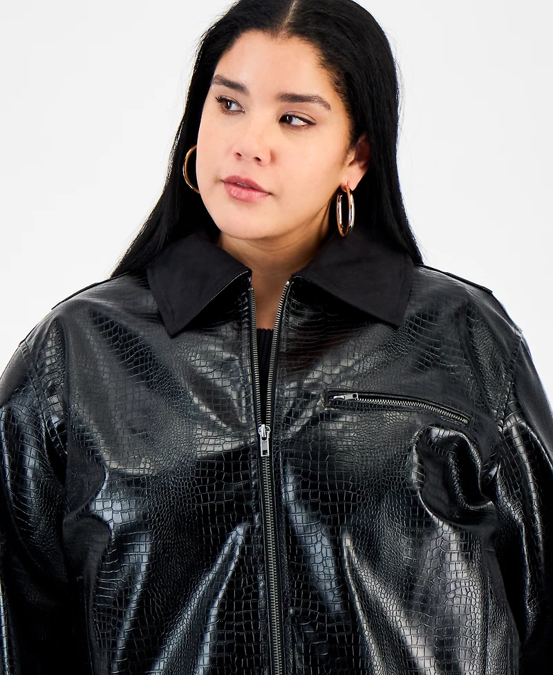 Bar Iii Trendy Plus Emboss Faux-Leather Jacket, Macy's Exclusive