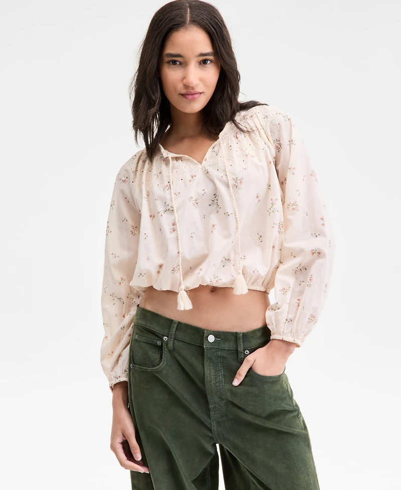 Lucky Brand Women's Embroidered Smocked Peasant Top