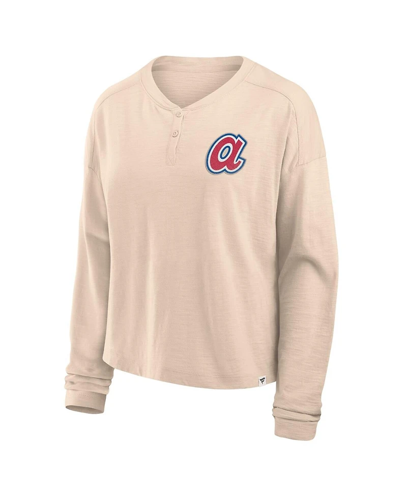 Fanatics Women's Tan Atlanta Braves Oversized Stadium Slub Long Sleeve Henley T-Shirt