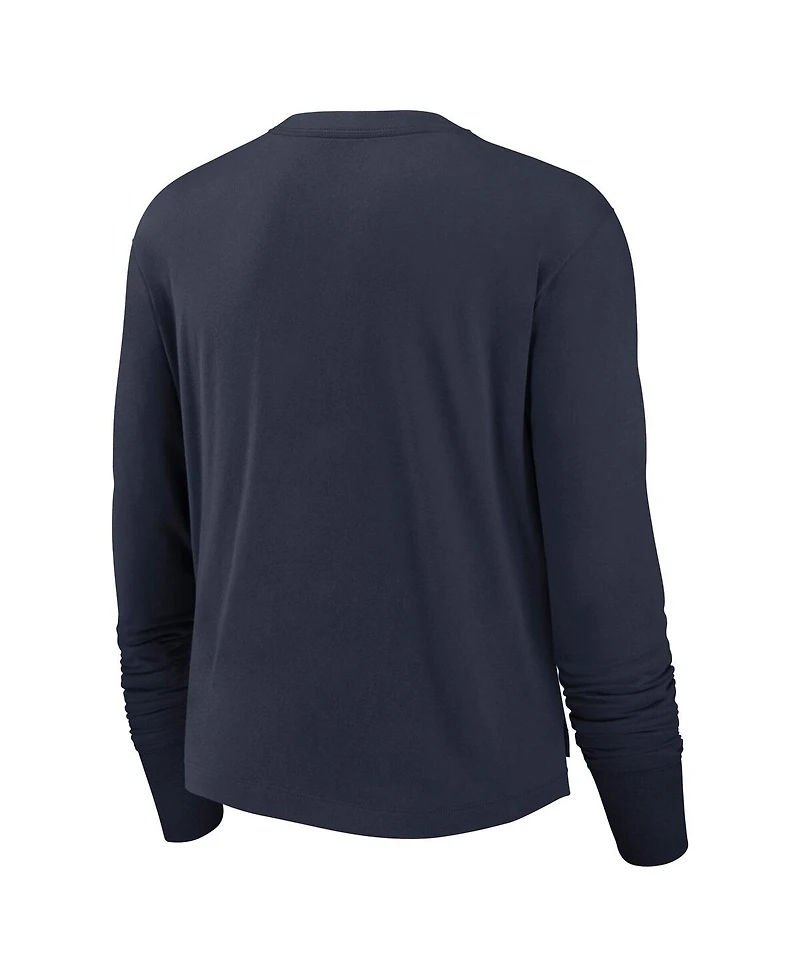 Nike Women's Navy Houston Texans Layered Logo Cropped Long Sleeve Fashion T-Shirt