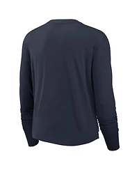 Nike Women's Navy Houston Texans Layered Logo Cropped Long Sleeve Fashion T-Shirt