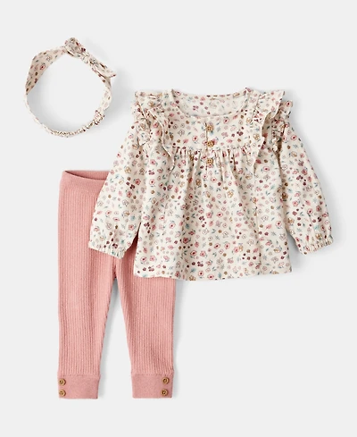 Carter's Baby Girls Cotton Floral-Print Headwrap, T-Shirt & Pants, 3 Piece Set