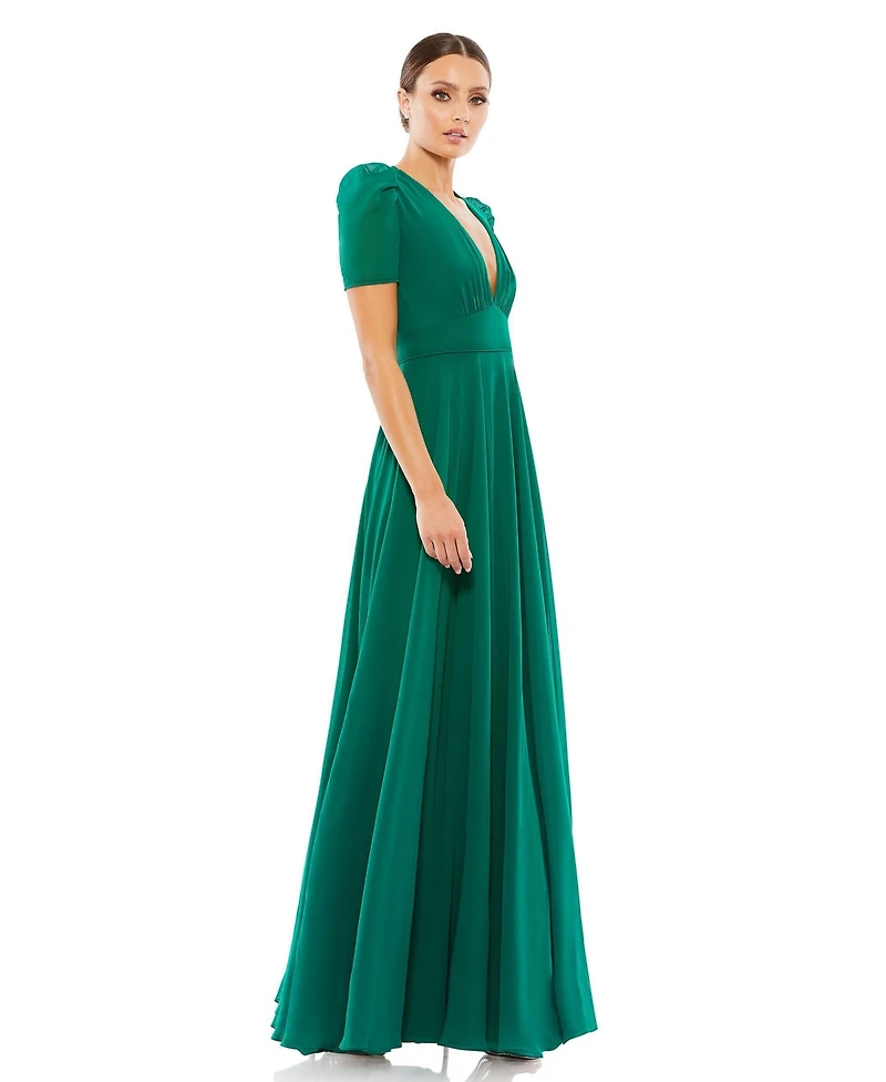 Women's Plunge Neck Puff Sleeve Gown