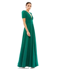 Women's Plunge Neck Puff Sleeve Gown