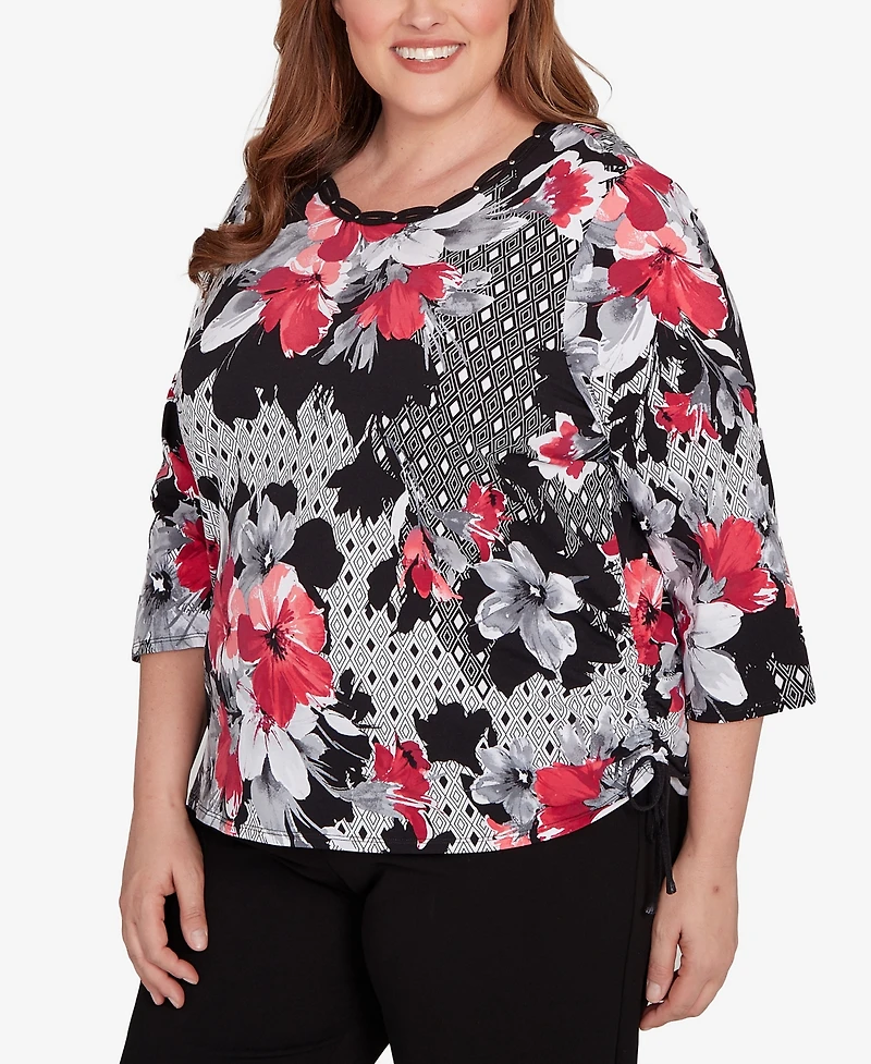 Alfred Dunner Plus Patchwork Diamond Floral Crew Neck Top