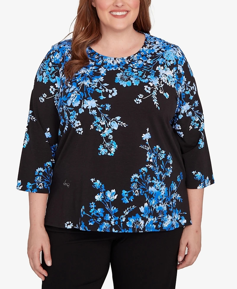 Alfred Dunner Plus Floral Asymmetric Three Quarter Sleeve Top