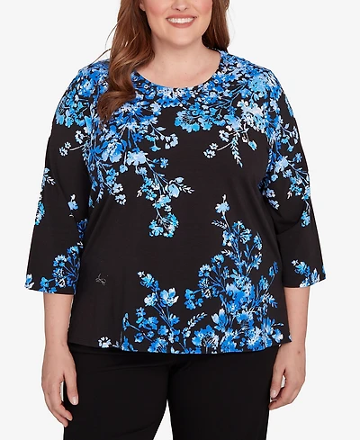 Alfred Dunner Plus Floral Asymmetric Three Quarter Sleeve Top