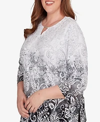 Alfred Dunner Plus Ombre Scroll Split Beaded Neck Top