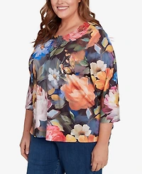 Alfred Dunner Plus Classic Dramatic Floral Lace Neck Top