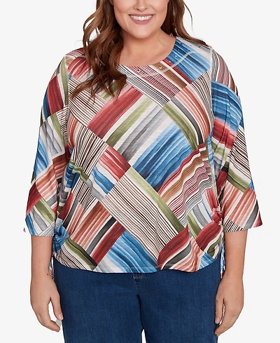 Alfred Dunner Plus Classic Stripe Patchwork Ruched Sides Top