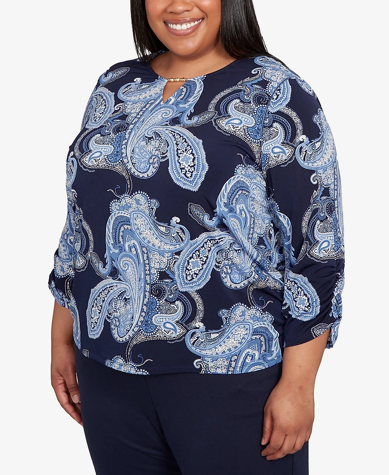 Alfred Dunner Plus Classic Puff Print Paisley Gold Foil Keyholeneck Top