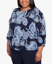 Alfred Dunner Plus Classic Puff Print Paisley Gold Foil Keyholeneck Top